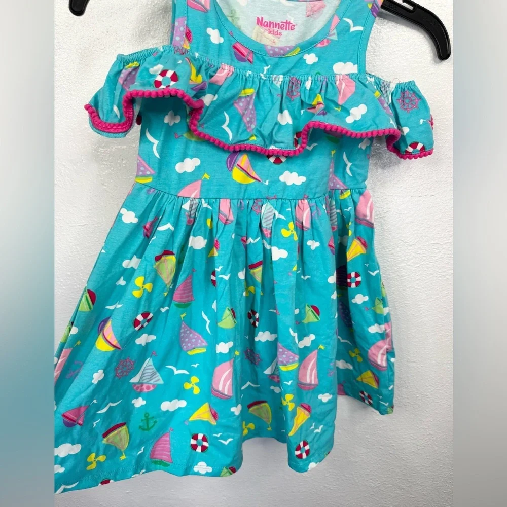 Nannette Kids Dress Girls Size 5 Blue Pink Sailboat Cold Shoulder Ruffle